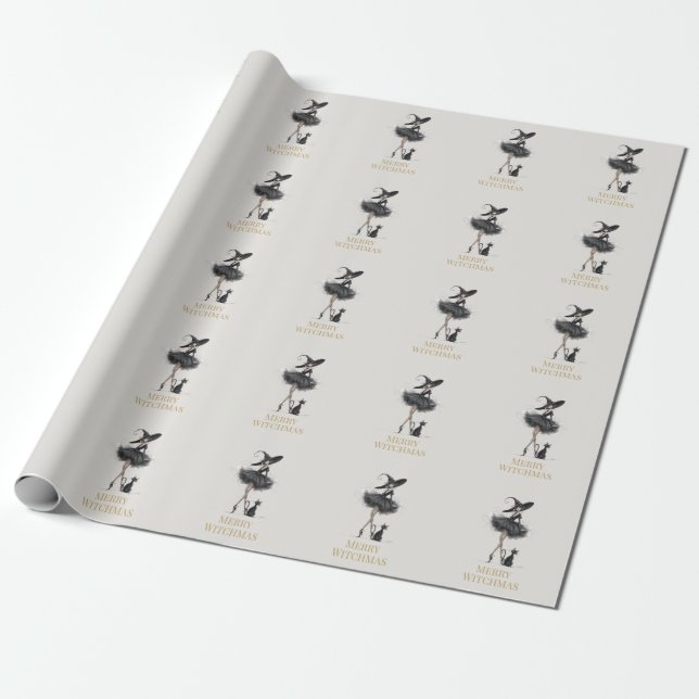 Glad Häxmas Inpackningspapper – Gotisk Häxa & Katt Presentpapper (Utrullad)