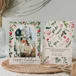 Glad helg 1 Photo Botanical Arch Modern Boho Julkort<br><div class="desc">Den här samlingen har vattenfärgade röda blommigtar,  bär och vintergröna med modern och elegant typografi,  med ett botaniskt mönster baksida på vintern.</div>