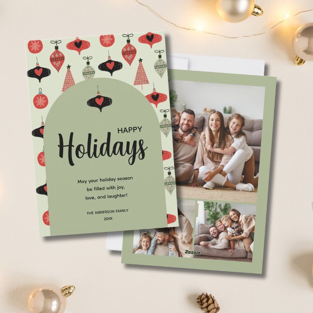 Glad helg 3 Family Photo Collage Grönt Arch Julkort (Happy Holidays 3 Family Photo Collage Green Arch Holiday Card)