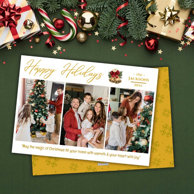 Glad helg 3-fotokollage modern guld-festive julkort (Front/Back )