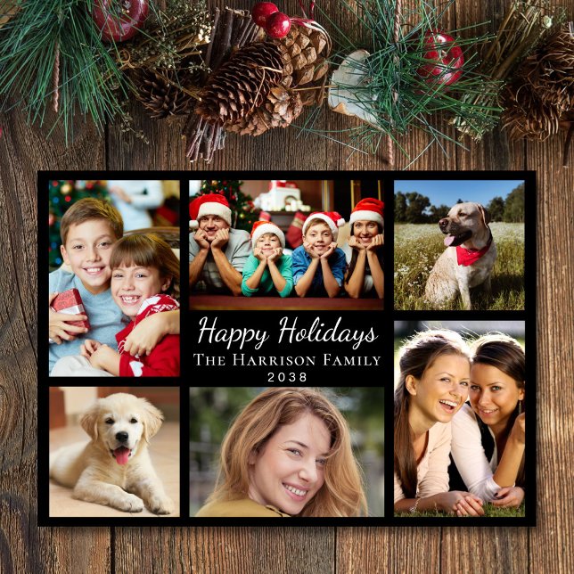 Glad helg 6 Photo Collage jul Black Julkort (This holiday season, let your family's smiles and heartwarming memories shine on our 6 photo card)
