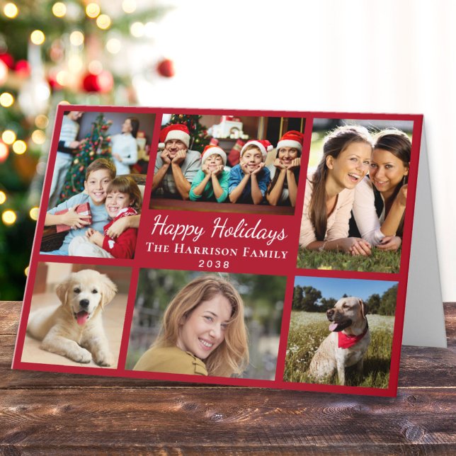 Glad helg 6 Photo Collage Red jul (This holiday season, let your family's smiles and heartwarming memories shine on our 6 photo card)