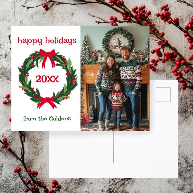 Glad helg Årets ANPASSNINGSBAR PHOTO-jul Vykort (Happy Holidays Wreath Year CUSTOM PHOTO Christmas Holiday Postcard
)