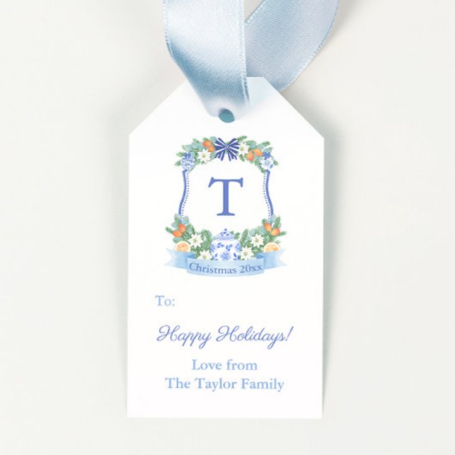 Glad helg av opulent Blue White Citrus Wandeine Presentetikett (Blue and white chinoiserie monogram crest with citrus accents merry christmas gift tags)