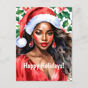 Glad helg Black Woman Santa Hat Vykort