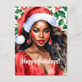 Glad helg Black Woman Santa Hat Vykort