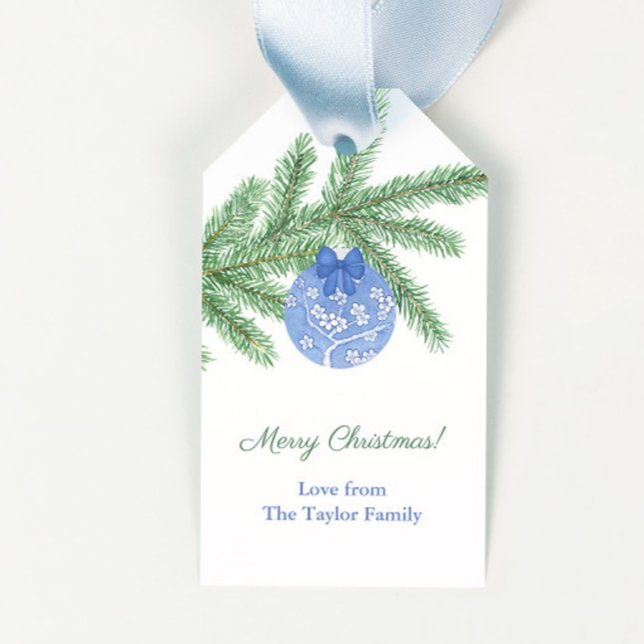 Glad helg Blue and White Ornamel jul Presentetikett (Elegant blue and white chinoiserie ornament merry christmas gift tags)