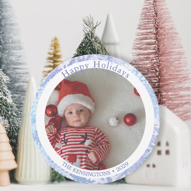 Glad helg Blue Round Snowflake Julkort (Round Baby’s First Christmas Photo Card)