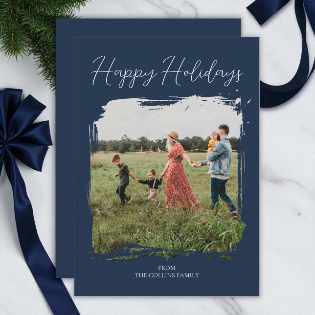 Glad helg Blue Script Modern Minimal Photo Julkort (Happy Holidays Blue Script Modern Minimal Photo Holiday Card)