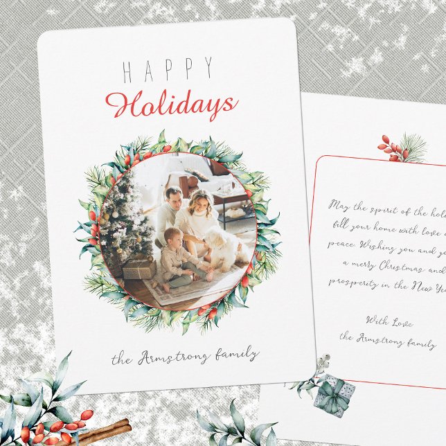 Glad helg Botaniskt andningsfoto Julkort (Happy Holidays Botanical Wreath Photo Holiday Card ©Susanne Sachers - Sunny Mind Design 🌞)