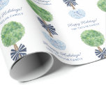 Glad helg Boxwood Ginger Burk Blue White Bow Presentpapper<br><div class="desc">Lollipop Topiary in a blue and white dubbla lycklig pot med en blå och vit båge,  alla handmålade av dina färger arrangeras därefter digitalt i ett upprepande mönster med möjlighet att lägga till personlig text.</div>