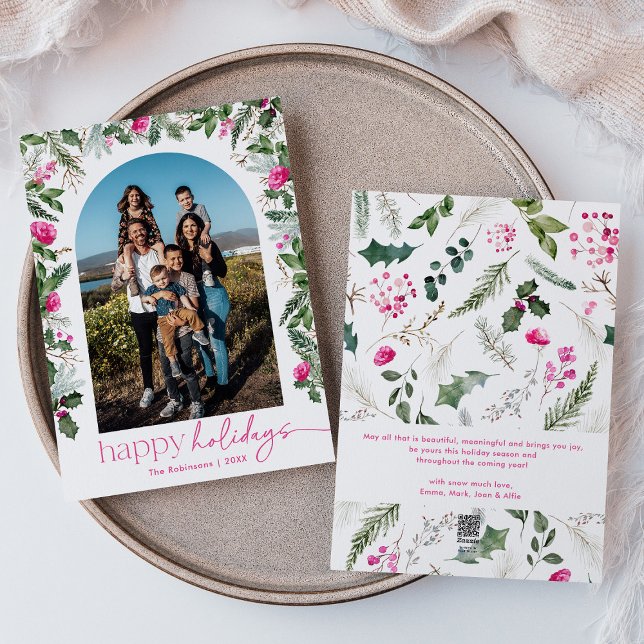 Glad helg Bright Rosa Greenery Arch 1 Photo Julkort (Skapare uppladdad)