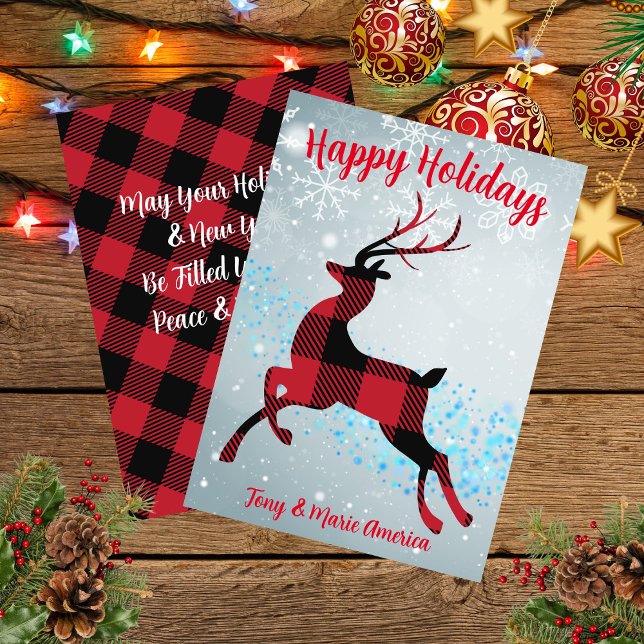 Glad helg Buffalo Play Reindeer Magic Julkort (Happy Holidays Buffalo Plaid Reindeer Magic Holiday Card)