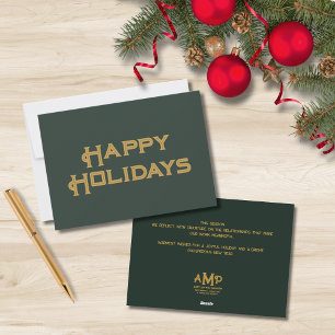 Glad helg Business Monogram Grönt och Guld Julkort