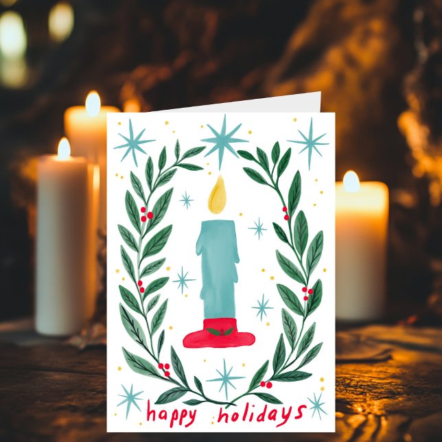Glad helg Candle botaniskt handgjord jul Kort (Happy Holidays Candle Botanical Handmade Christmas Card
)