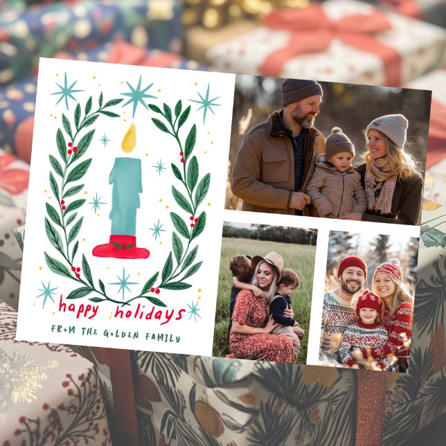 Glad helg Candle Hand plockade ANPASSNINGSBAR 3 PH Kort (Happy Holidays Candle Hand Drawn CUSTOM PHOTOS Card
)