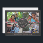 Glad helg Chalkboard Poinsettia Photo Collage Julkort<br><div class="desc">Mörk grått-kolkrita,   rosa och grått-bladblommor och poinsettimiblommor gräns,  och "Glad helg"-handskriftsformat chic-kalligrafi i mitten skapar ett modernt,  traditionellt inspirerat julfotosamlingskort.            Anpassa den med fyra anpassningsbar landskapsinriktade foton och namnteckning!</div>