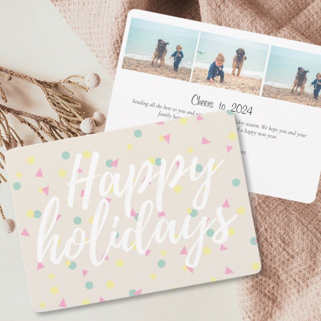Glad helg Confetti-skript Cream 3-foto Julkort (Happy Holidays Colorful Confetti Family Photo Collage Holiday Card)