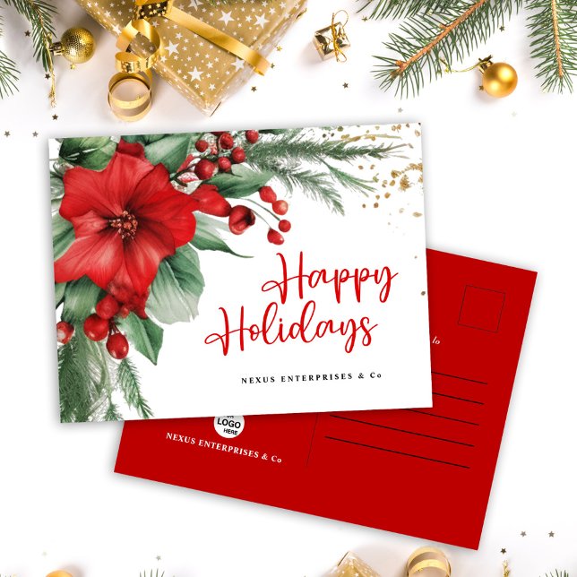 Glad helg Corporate Red Botanical Vykort (Happy Holidays Corporate Red Botanical Holiday Postcard)