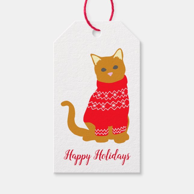 Glad helg Cute Cat i Röd jul-Jumperna Presentetikett (Framsidan)