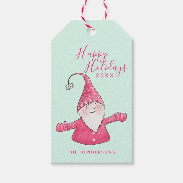 Glad helg Cute Gnome Mint och Rosa jul Presentetikett (Framsidan)