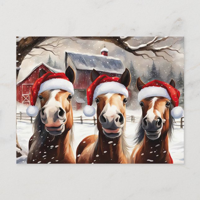 Glad helg Cute Horses Santa Hat Vykort (Framsida)