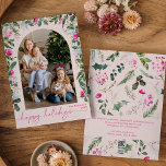 Glad helg Cute  Rosa Greenery Arch Photo Julkort<br><div class="desc">Den här samlingen har vattenfärgsskarpa blommigtar för rosa,  bär och vintergröna med modern och elegant typografi,  med ett botaniskt mönster baksida på vintern.</div>