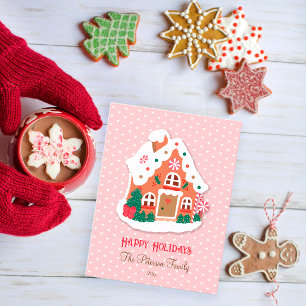 Glad helg Cute Rosa Snowy Gingerbröd House Vykort