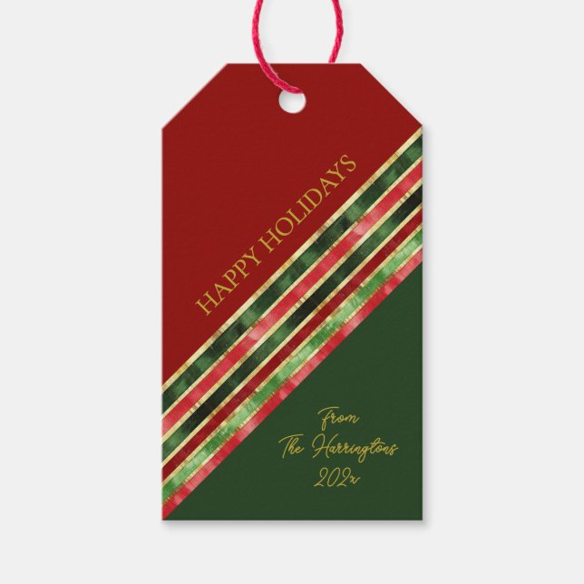 Glad helg Elegant Guld Red Grönt jul Presentetikett (Framsidan)