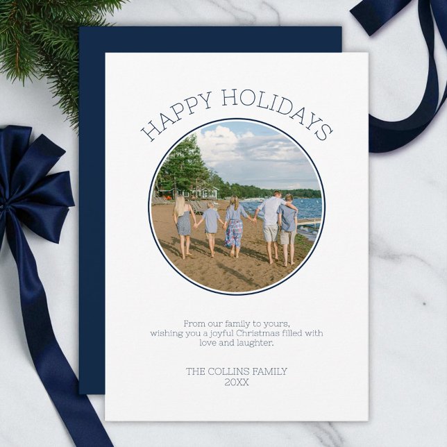 Glad helg-familjens foto Modern blå jul Julkort (Happy Holidays Family Photo Modern Blue Christmas Holiday Card)