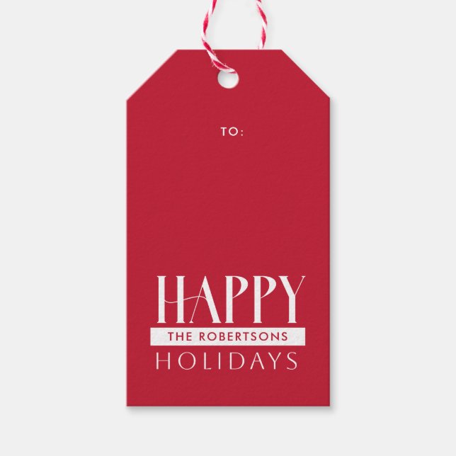 Glad helg & Family Namn Festive Red Presentetikett (Framsidan)