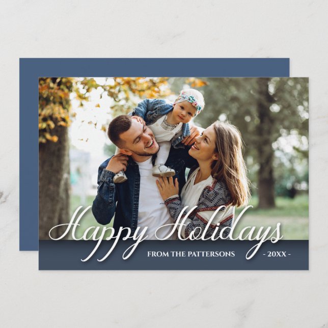 Glad helg Family Photo Elegant Modern Blue Kort (Fram/baksida)