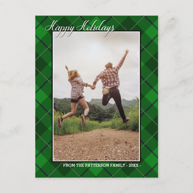 Glad helg Family Photo Grönt Tartan Stil Vykort (Framsida)