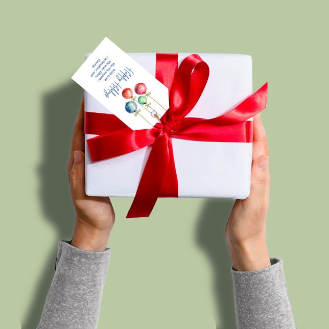 Glad helg färgstarka vattenfärgsdekorationer presentetikett (Happy Holidays Watercolor ornaments custom gift tag. )