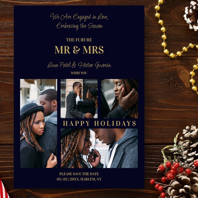 Glad helg flottan och Guld Simple 4 Multi Photos Julkort ("Happy Holidays" Navy Blue & Fake Gold 4 Multi Image Save the Date Card.)