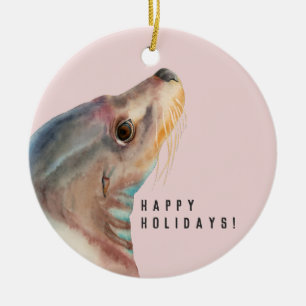 Glad helg för sjölejonvattenfärgillustration julgransprydnad keramik
