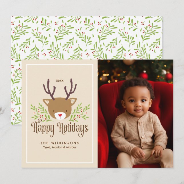 Glad helg-fotokort för Cute Reindeer Neutralt Inbjudningar (Fram/baksida)