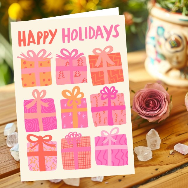 GLAD HELG ger ANPASSNINGSBAR Rosa av julklapp  (HAPPY HOLIDAYS Gifts Christmas CUSTOM Pink Cute Holiday Greeting Card
)