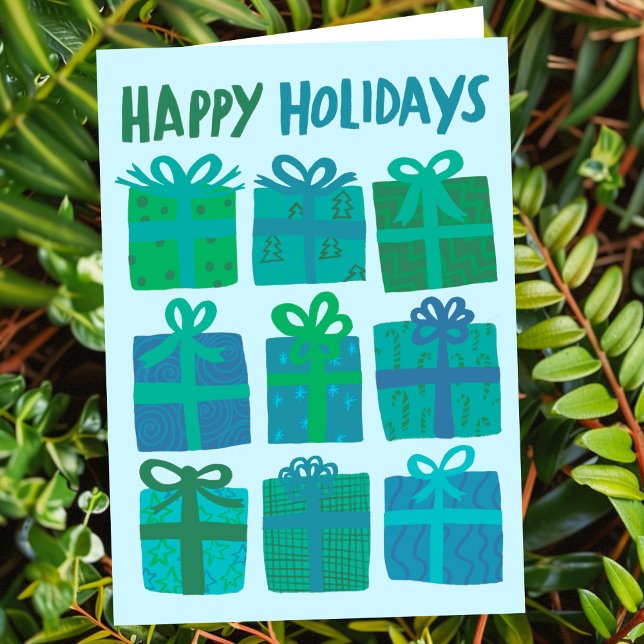 GLAD HELG ger julgranens ANPASSNINGSBAR Handdragen (HAPPY HOLIDAYS Gifts Christmas CUSTOM Hand-drawn Blue Green Cute Holiday Card
)