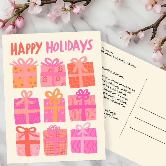 GLAD HELG ger Presenter julklapp ANPASSNINGSBAR Vykort (HAPPY HOLIDAYS Gifts Presents Christmas CUSTOM Pink Hand-drawn Postcard
)