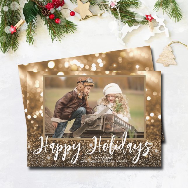 Glad helg Gnistra Photo Julkort (Happy Holidays bronze sparkle holiday photo cards)