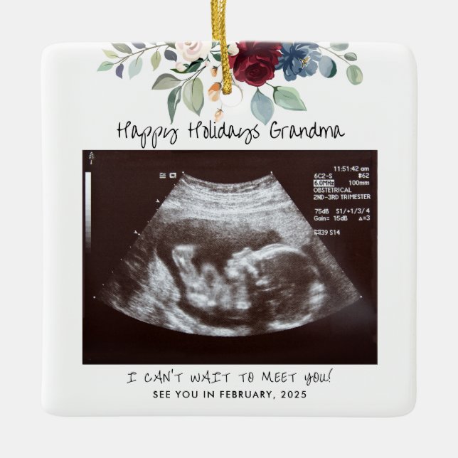 Glad helg Grandma Gravid Sonogram Blommigt Julgransprydnad Keramik (Framsida)