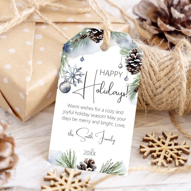Glad helg gräs presentetikett (Happy holidays Christmas gift tags watercolor snowy pines pine cones snowflakes silver baubles tags)