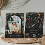 Glad helg Grått 1 Elegant för fotopatonisk båge Julkort<br><div class="desc">Den här samlingen har vattenfärgade röda blommigtar,  bär och vintergröna med modern och elegant typografi,  med ett botaniskt mönster baksida på vintern.</div>