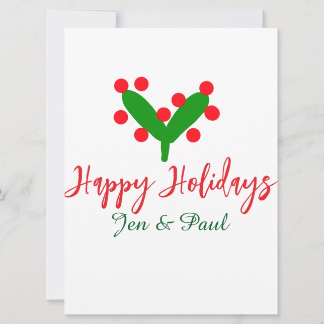 Glad helg grön röd namnkoppel grönt blad julkort (Framsida)