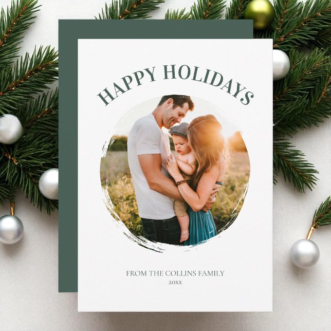 Glad helg Grönt-familjens foto Modern jul Julkort (Happy Holidays Green Family Photo Modern Christmas Holiday Card)