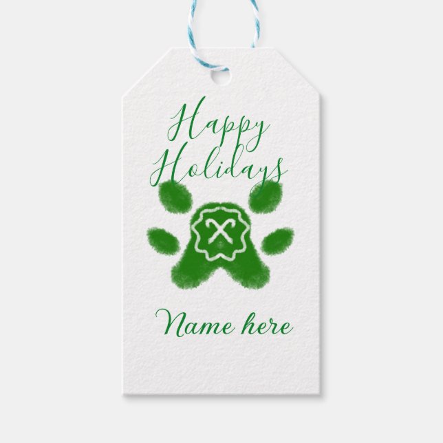 Glad helg grönt hund sällskapsdjur av arten tass c presentetikett (Framsidan)