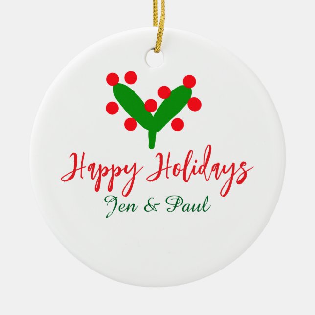 Glad helg grönt röd par namn grönt löv julgransprydnad keramik (Framsidan)
