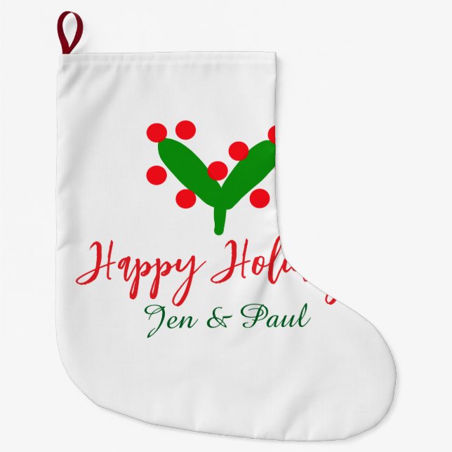 Glad helg grönt röd par namn grönt löv stor julstrumpa (Framsidan)
