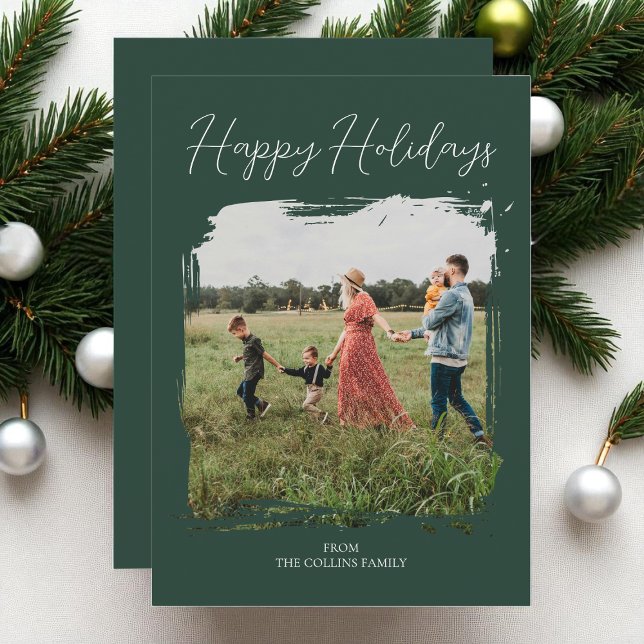 Glad helg Grönt Script Modern Minimal Foto Julkort (Happy Holidays Green Script Modern Minimal Photo Holiday Card)